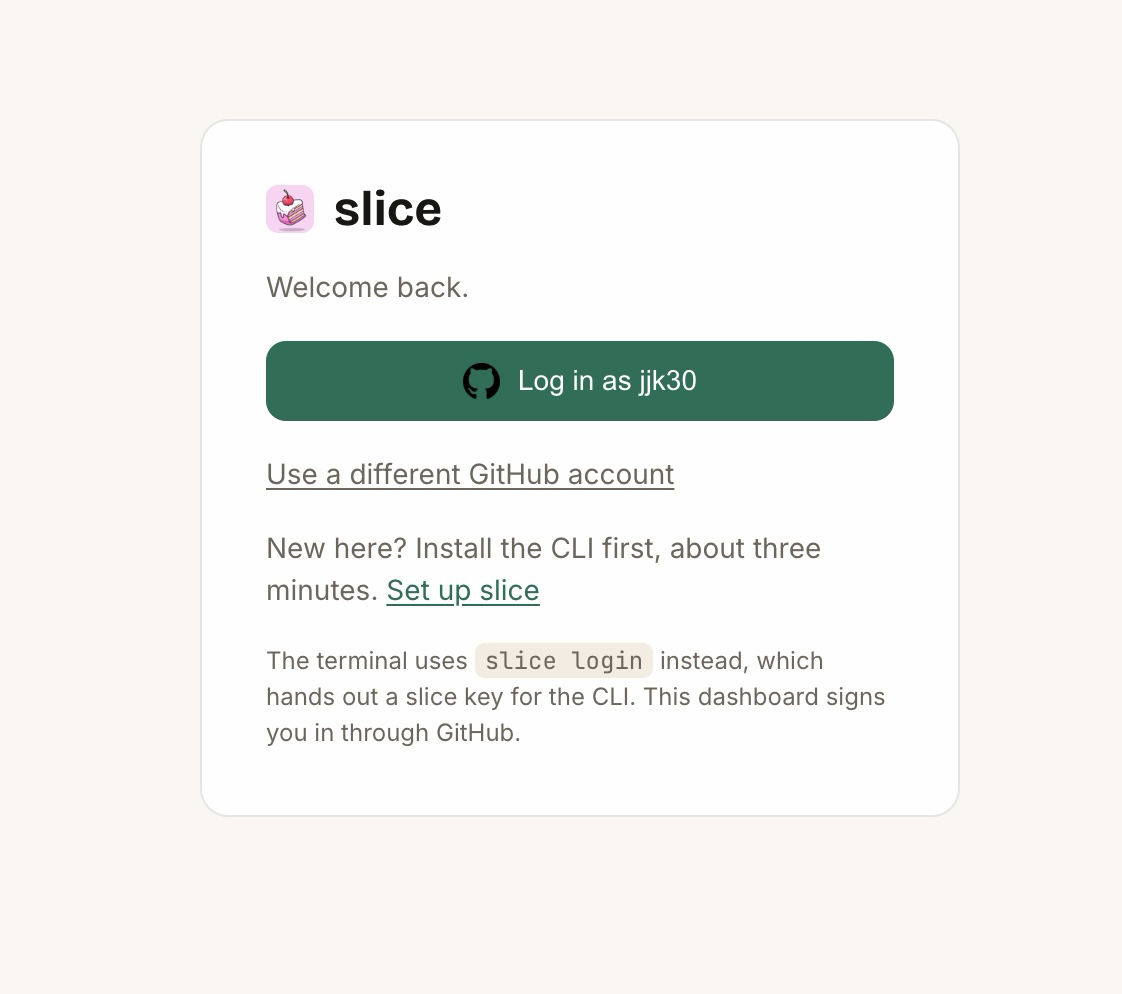 Dashboard sign in page with a Log in as jjk30 button