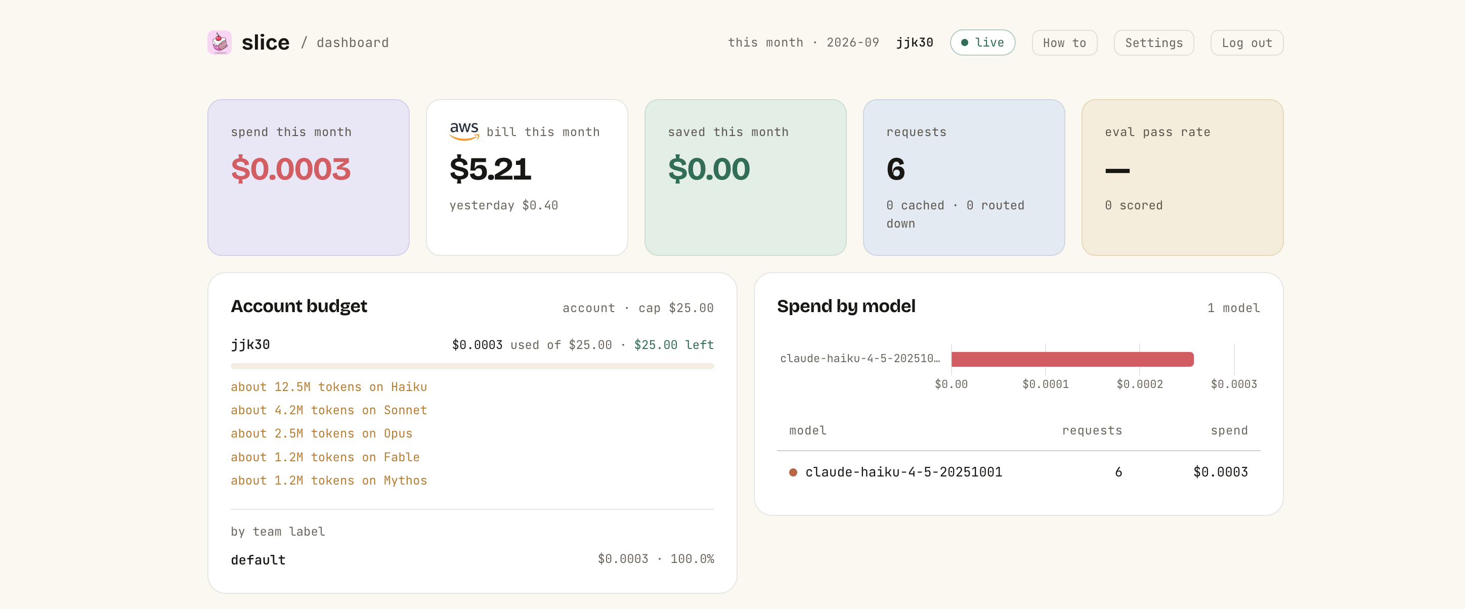 Dashboard after signing in, showing spend tiles and the account budget