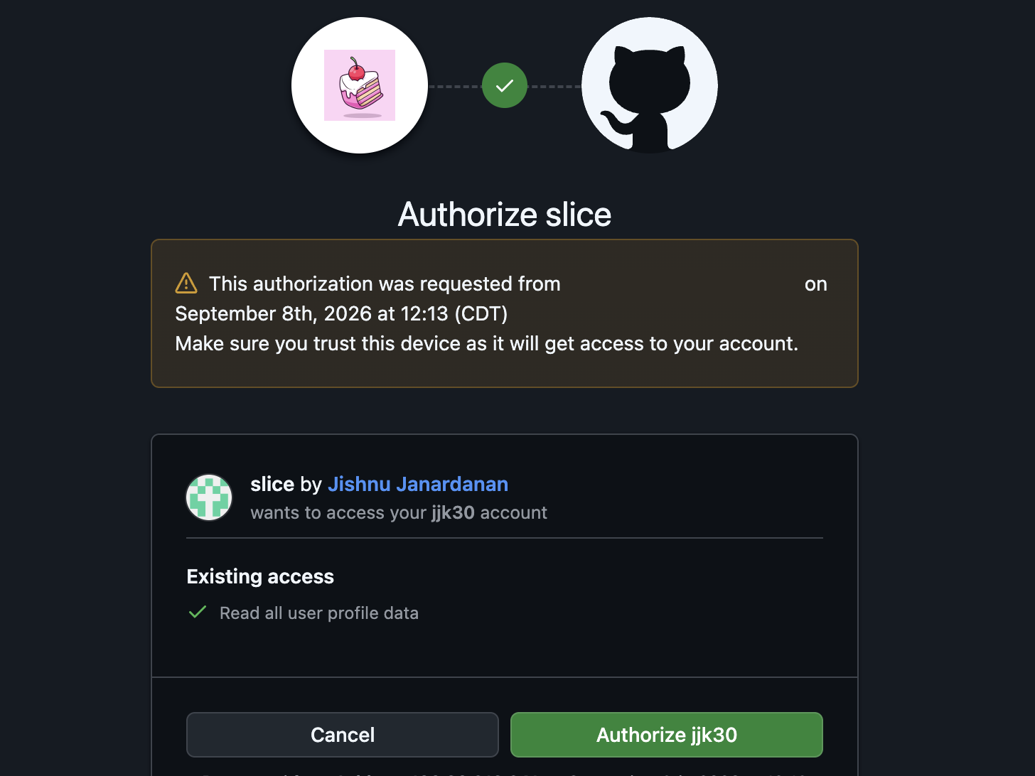 GitHub page asking to authorize slice
