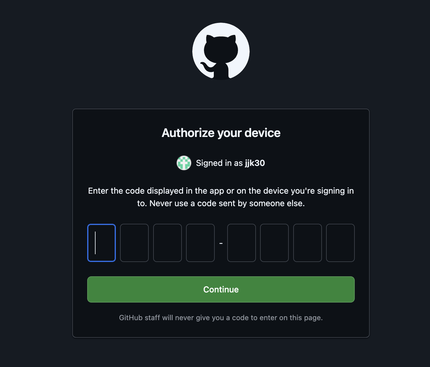 GitHub page with eight boxes for the code and a Continue button
