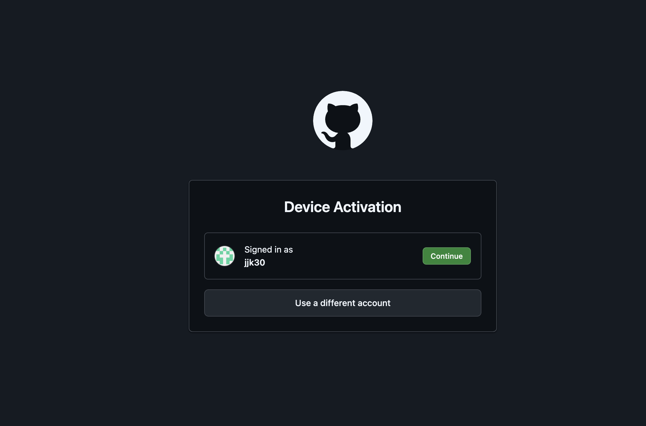 GitHub Device Activation page with a Continue button