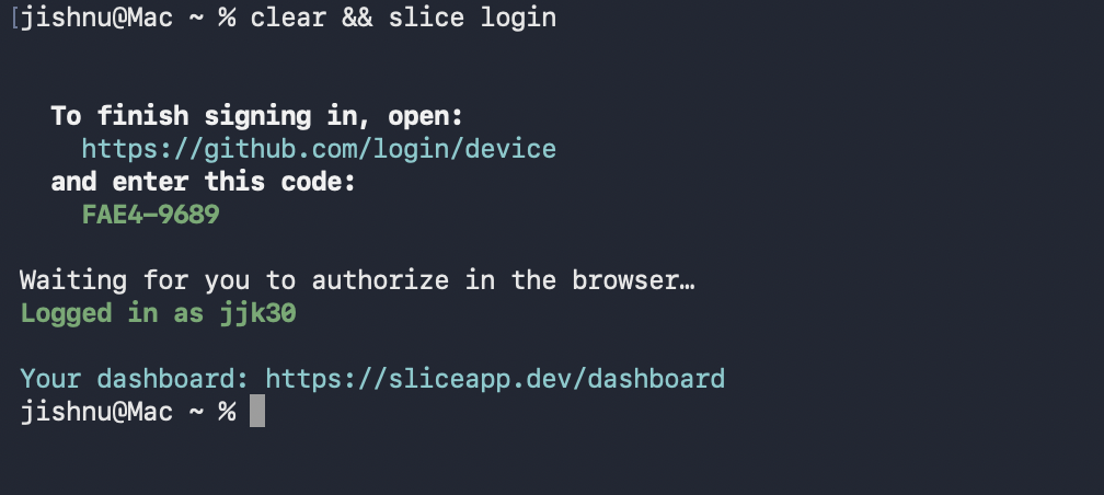 Terminal showing Logged in as jjk30 and the dashboard link