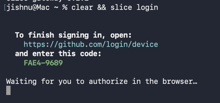 Terminal after slice login, showing the GitHub link and a code