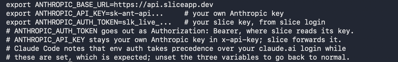 Terminal after slice use claude-code, showing the three export lines with the keys shortened