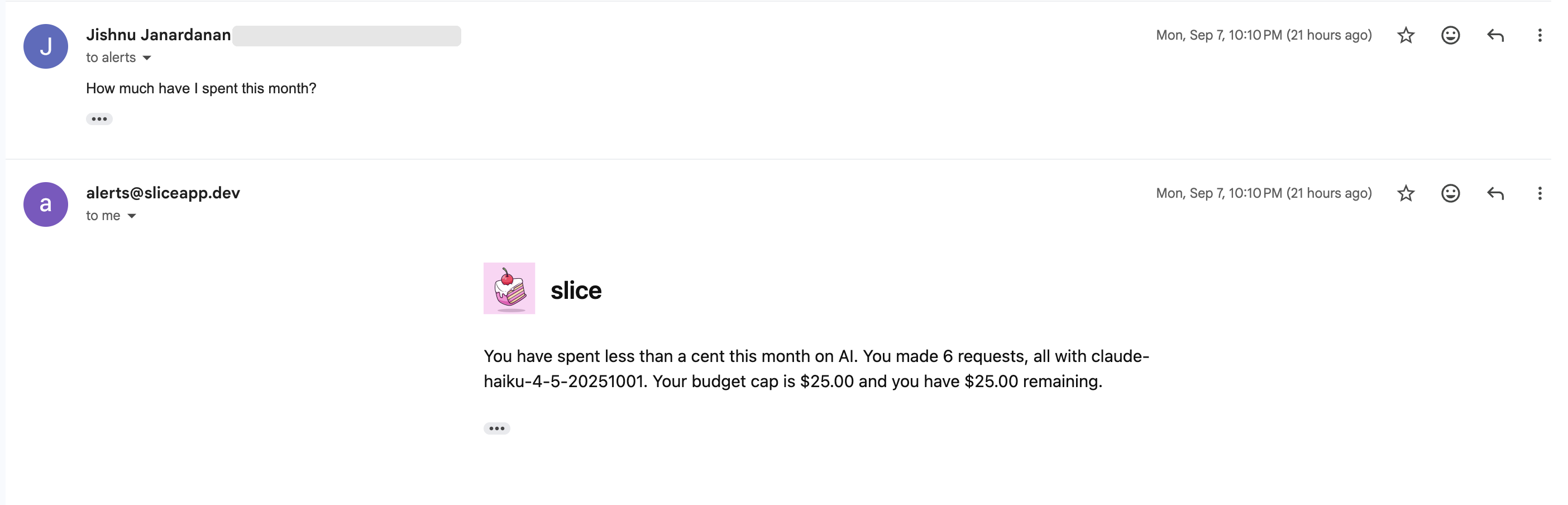 A reply asking how much was spent this month, and slice's answer from the account's own data
