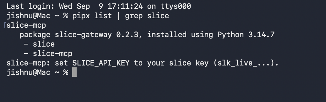 Terminal after pipx upgrade slice-gateway, with pipx list showing slice and slice-mcp