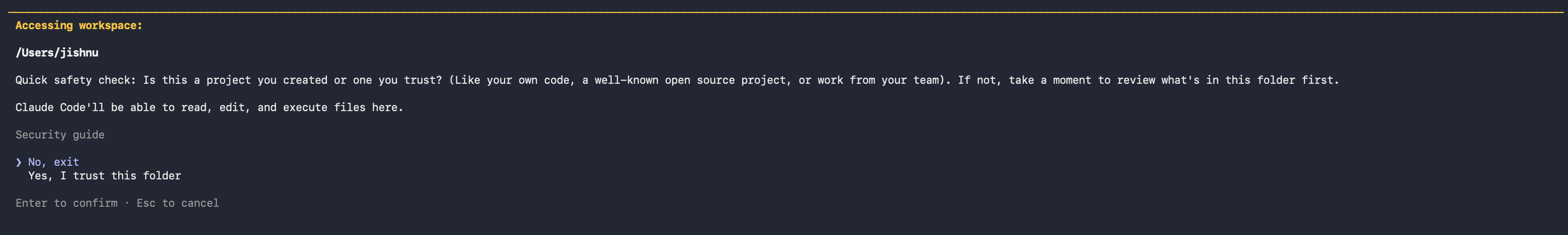 Claude Code asking Is this a project you trust, with Yes I trust this folder as the choice